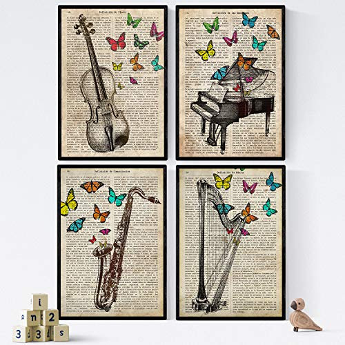 Nacnic Vintage Instrumente Poster 4-er Set. Vintage Stil Wanddekoration Abbildung von Streich- und Blasinstrumenten. Verschiedene kreative Bilder ohne Rahmen. Größe A4.