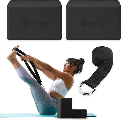 Gaiam Essentials Yoga Block 2-Pack & Yoga Strap Set, Black