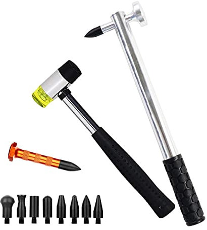 LadyRosian 12-teiliges Dellenreparatur-Werkzeug aus Aluminium für Karosserie, Dellhammer mit Klopfkopf, Wasserhahn-Werkzeug-Set, Gummihammer, lackfreies Ausbeulen