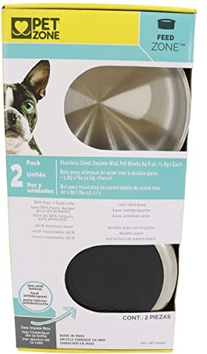 Pet Zone Feed Zone Stainless Steel Double Wall Pet Bowls with Non-Skid Bottom 2-Pack, 64 fl oz Each