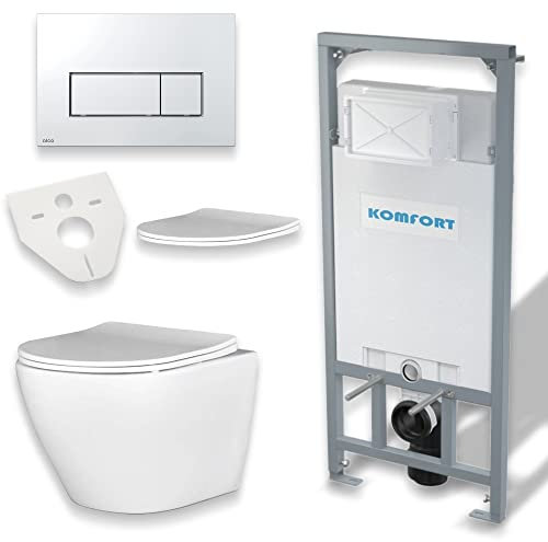 BADLAND WC Set: Vorwandelement C201 + Wand Tiefspül WC Desna Weiß + Betätigungsplatte Chrom M571 + Slim WC-Sitz mit Soft-close + Schallschutzmatte