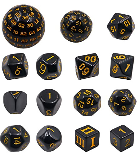 DollaTek Juego Completo de Dados Poliédricos de 15 Piezas D3-D100 para Juegos de Rol y Mesa, Negro y Amarillo