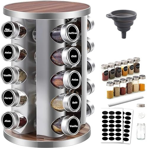 Amalan Rotating Spice Rack with 20 Spice Jars,Food grade material, 430 stainless steel.Seasoning Storage Organization for Kitchen Home Dried Herbs.with Labels and Funnel Included-wood grain