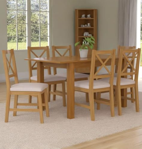 Hallowood Furniture Camberley Oak Butterfly Dining Table and Chairs Set 6 | 120-153cm Extendable Dining Table with 6 Chairs in Cross Back and Beige Fabric Padded Seats, Farmhouse Style Dining Room Sets