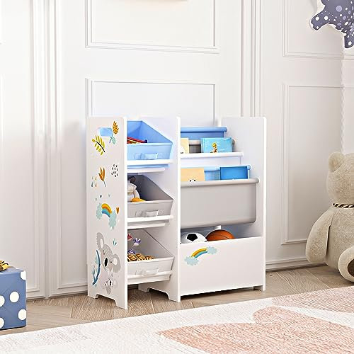 [en.casa] Kinderregal Vimianzo Bücherregal mit 4 Ablagefächern Bücherkiste 3 Faltboxen Spielzeugregal Koala-Motiv Weiß Grau Blau Kinderzimmer Organizer Staufach