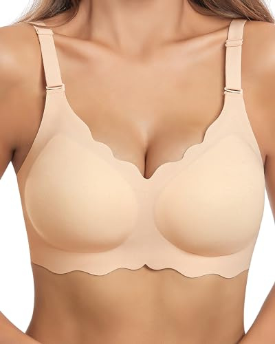 HORISUN Bras for Women No Underwire V Neck Scalloped Wireless Bralettes with Soft Support Comfort Full Coverage Seamless Bra (Nude,XL)