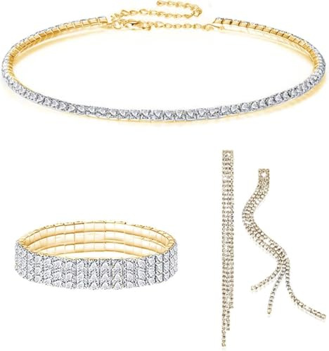 FDEETY Juegos de Joyas de Mujer Conjunto de Joyería para Novia Diamantes de Imitación Collar Pulsera Pendientes de Borla Juego para Fiesta de Boda