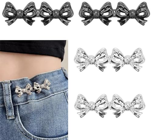 Bekecidi 4 Paar Schleifen-Jeansknopfnadeln, Abnehmbare Hosen-Taillenspanner, Verstellbare Taillenschnalle, Strafft die Taille, Kein Nähen, Taillenversteller-Clips für Lose Jeans (Silber)