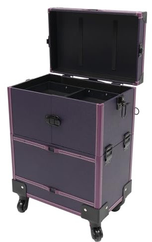 panfudongk Maletín de maquillaje profesional para mujer,maletín de maquillaje,maletín de peluquería con ruedas,carrito de cosméticos y espejo,caja organizadora de maquillaje morada,metal