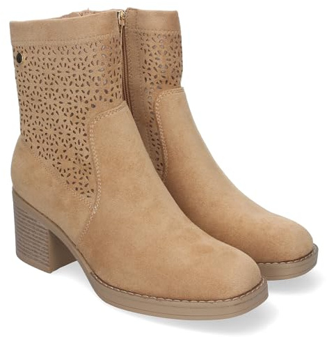 shoes&blues.es 83763 Botines de Mujer Primavera Verano Elegantes y Comodos con Tacon Ancho, Diseno Perforado con Cremallera Lateral, Ideal para Cualquier Ocasion Taupe Talla 39