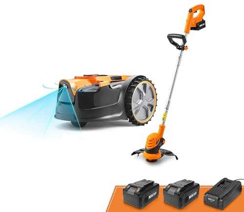 LawnMaster OcuMow™ Robot Lawn Mower with Cordless 24V MAX 10” Grass Trimmer Combo Kit Perimeter Wire Free for Small Yards 2000-4000 Square Feet Optical Navigation Automatic Obstacle Avoidance Spot Cut