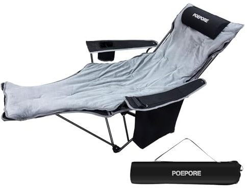 POEPORE Campingstuhl Faltbar mit Fußstütze 4-Fach Campingstühle Strandstuhl Liegestuhl für Erwachsene 120kg Klappbarer Angelstuhl mit Kühltasche Wattepad Kissen Getränkehalter Schwarz