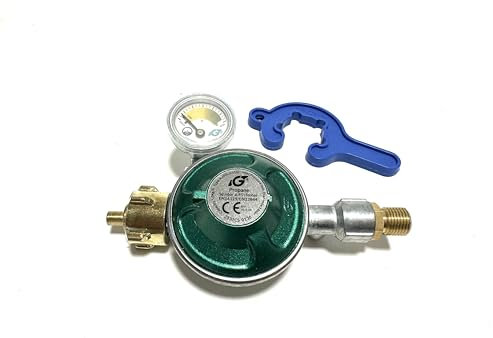 LPG-Megastore Gasregler 50 mbar mit 360°-Manometer Gas Füllstandsanzeige Schlauchbruchsicherung Propangas Druckminderer Gasflasche Druckregler Camping Propan Butan Gasregler-Schlüssel