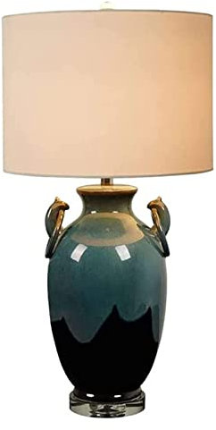 Keramisk bordslampa Stor keramisk bordslampa Mörkgrön ugnslampa kropp med tyg lampskärm för sovrum sängbord Nattdukslampa 75 cm lampa