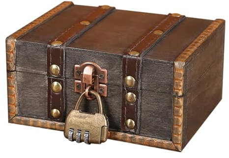 XPJBKC Cofre Pirata, Baul Madera Vintage con Cerradura de Combinación, Caja de Madera para Almacenamiento y Decoración, 15 x 12 x 7,5 cm