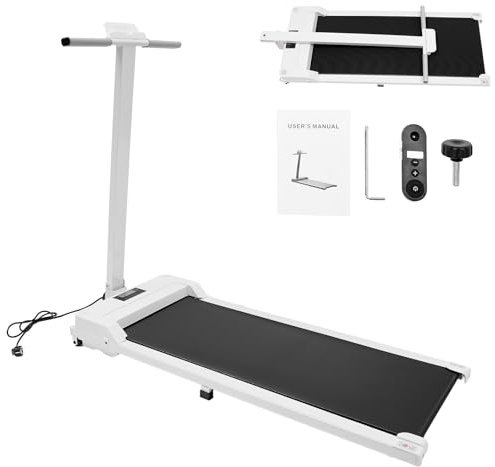 Löpband för hem, elektrisk, platt löpband, vikbar matta för hemmet upp till 120 kg, 1–6 km/h, LCD-skärm, fjärrkontroll, ingen montering krävs, för hem och kontor (vit)
