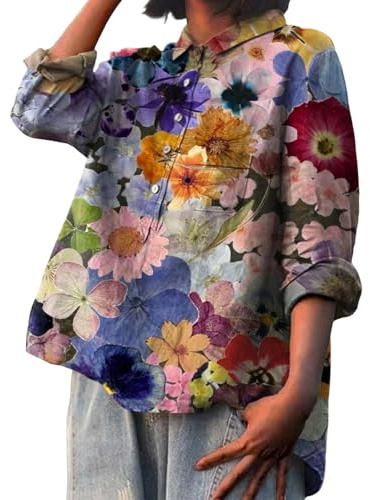 MJGkhiy Camicia Lino Donna Estiva Manica Lunga Floreale Camicetta Mare Magliette Elegante Taglie Forti Cotone Maglietta Leggera Scollo A V con Bottoni Bluse Top Oversize Vintage Curvy Blusa Camice