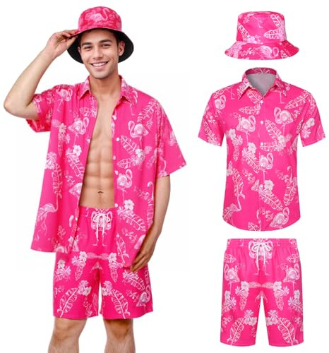 Joyesplay Hawaiian Shirt and Shorts Set for Men 3 Pcs,Funny Men's Beach Flamingo Print Shirts Set with Hat for Tropical Beach Holiday Shirts