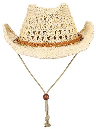 SIQITECHUK Chapeau de cowboy en paille pour enfants - Chapeau de soleil à large bord - Chapeau de plage Panama Fedora - Casquette de cowgirl occidentale d'été avec protection UV avec mentonnière