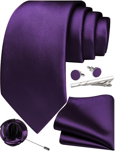 Ailisus Purple Tie and Pocket Square Set Solid Necktie Cufflinks Tie Clip Lapel Pin for Men Wedding Business 5PCS