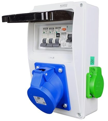 RoadEu Distributeur de courant hybride | CEE 32A 3P, prise Schuko et vélo électrique | Disjoncteur FI type A 30 mA et disjoncteur C6A/C16A/C32A | Montage mural IP44