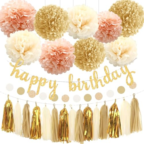 26 Piezas Decoracion Cumpleaños, Champán Decoracion Pompones, Pompones de Papel, Decoraciones Fiestas, Happy Birthday Bandera, Corona de Borlas, Aniversarios, Fiestas Cumpleaños, Carnavales