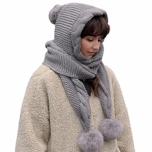 ZoeyShine 3-in-1 Knit Hooded Scarf Hat with Faux Fur Pompom – Warm Hooded Winter Hat for Women, Soft Knitted Earflap Design, Windproof Cold-Weather Outdoor Wear Accessories