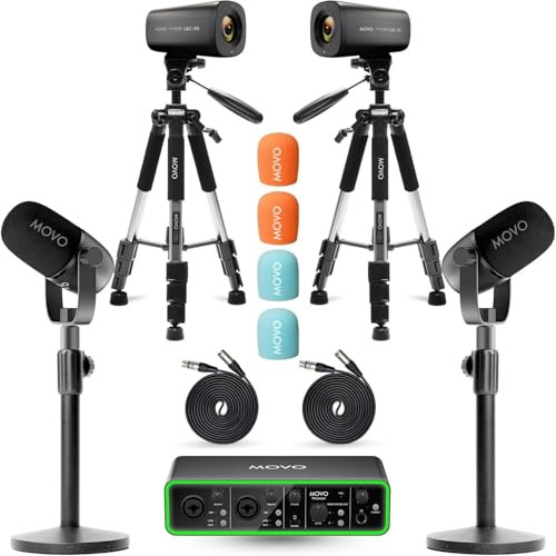Movo Video Podcast Equipment Bundle β USB Audio Interface, 2 XLR Dynamic Microphones, 2 4K UHD Cameras, 2 Desk Stands β Complete Podcast Setup