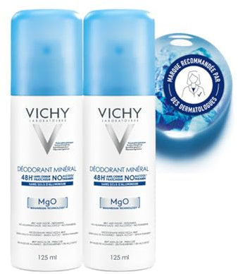 Vichy, Déodorant Aérosol, Efficacité Longue Durée 48 H, Formule Minérale Sans Alcool, Actifs Anti-Odeur d'Origine Naturelle, Adapté aux Peaux Sensibles, Lot de 2x125 ml
