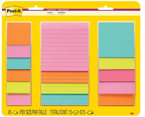 Post-it Super Sticky Notes, 15 Sticky Note Pads, Multi-Size., School Supplies, Office Products, 2X the Sticking Power, Supernova Neons Collection