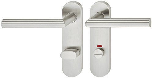 JUVA Design Drückergarnitur - WC-Bad links - Edelstahl Türbeschlag Matt Gebürstet - Türklinke für Innentüren - Türgriff mit Kurzschild für Zimmertüren inkl. Schrauben - Türdrücker Garnitur