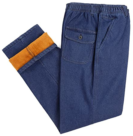 IDEALSANXUN Fleece Lined Jeans Men Winter Elastic Waist Pants Casual Relaxed Fit Thermal Insulated Slacks (Dark Blue/Fleece, 34)