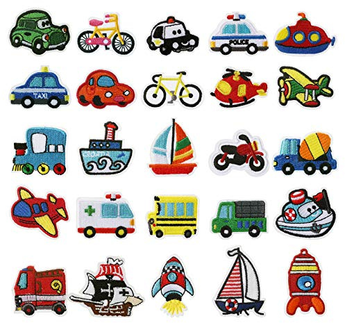 LEMESO 25 Parches Termoadhesivos para Ropa con Formas de Coches Transporte Parche Bordado para Planchar o Coser Adornos de Dibujos Infantiles para Ropa Mochila