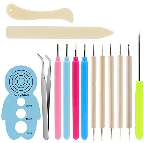 KITANIS 14Pcs Paper Quilling Tool and Supplies, Include 5Pcs Double Head Indentation Pens, 4Pcs Slotted Pens, 2Pcs Bone Folder Tools, Awl, Tweezer and Curling Coach for Card Making, Bookbinding