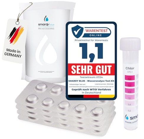 smardy 60 Pastiglie per Test Rapidi per Acqua Potabile, Acquario, Piscina - 30x Phenol Red (Valore pH) e 30x DPD1 (Cloro Libero) Compresse di Prova con 1x Provetta di Plastica