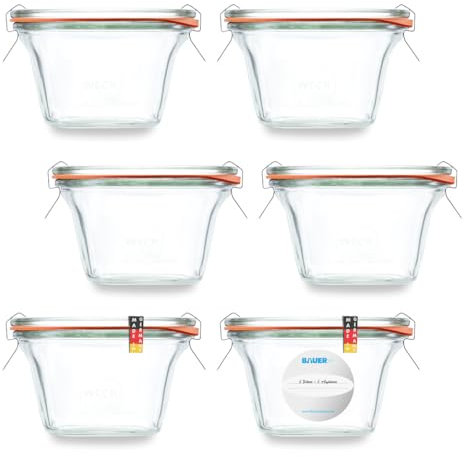 Flaschenbauer - Lot de 6 bocaux de conservation Quadro - 1/4 l - Utilisable comme pot à confiture ou bocal à provisions - Avec étiquette - Fabriqué en Allemagne