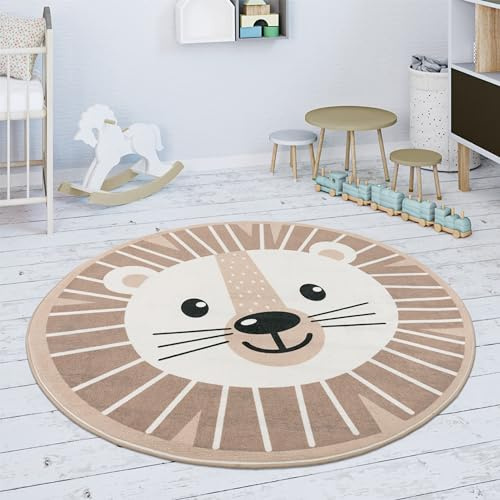 Paco Home Tapis Enfant Chambre d'enfant Rond Moderne Filles Garçons Lune Koala Tête Lion, Dimension:80 cm Rond, Couleur:Beige