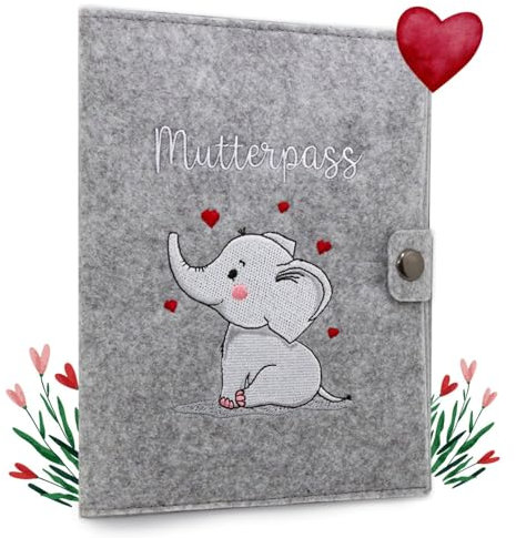 cozy racoon Mutterpasshülle aus Filz Elefant | In Deutschland hergestellt I Mit Innentaschen für Versichertenkarte und Ultraschallbilder I Persönliches Geschenk für Schwangere