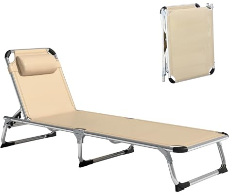 Outsunny Sonnenliege faltbar Gartenliege mit Kopfkissen ergonomisch Relaxliege mit 4-stufig verstellbaren Rückenlehne Alu bis 120 kg belastbar für Garten, Terrasse, Pool, Strand,Beige