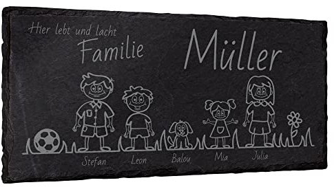 mtb more energy Graviertes Familienschild Türschild Namenschild Familie - frei wähl- und positionierbare Familienmitglieder, Haustiere, Dekoelemente - 30x15 cm - Laser Gravur auf Schiefer