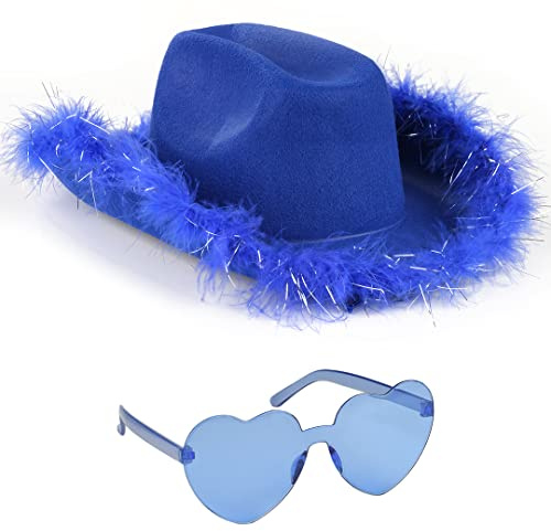 Funcredible White Cowboy Hat and Glasses – Fluffy Cowgirl Hat with Star and Feathers – Cowgirl Costume Accessories for Women