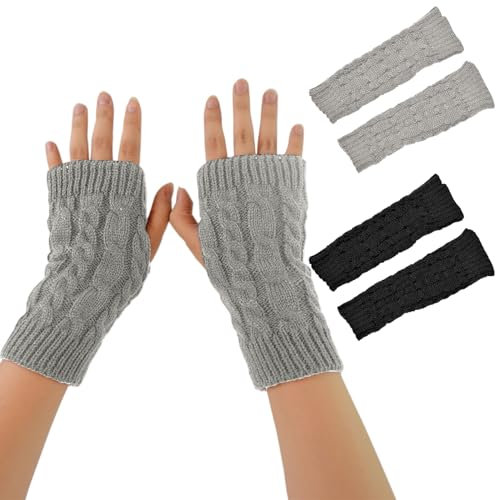 Scettar Handstulpen, 2 Paar Weicher Strick Handschuhe Ohne Finger, Winter Handschuhe Fingerlos Für Mädchen, Fingerlose Handschuhe Damen Für Weihnachten/Geburtstagsgeschenk (Schwarz, Hellgrau)