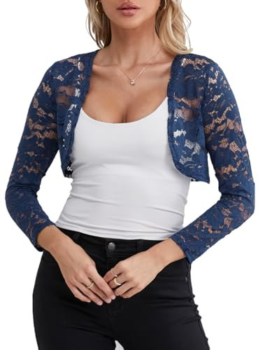 Fuinloth Bolero Cardigans för Kvinnor, Bröllop Spets Långärmad Shrug Marinblå L 38-40