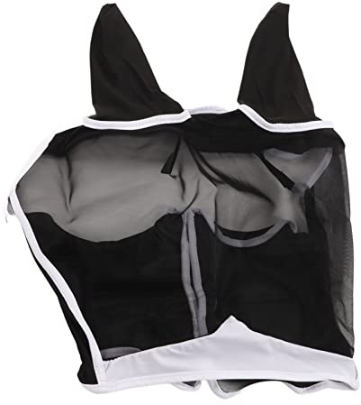 SUNGOOYUE Máscara de Ojo de Caballo, Protección UV de Alta Elasticidad, Máscara de Mosca de Caballo de Malla de Satén Transpirable Desmontable con Orejas para Caballos (Negro)