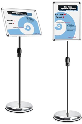 TUKA-i-AKUT 5X A4 Espositore Informativo da Pavimento, Regolabile in Altezza, Supporto per Pubblicitario Presentazioni Poster Cartelli Annunci, Portaposter Cornice Pieghevole, Argento TKD8423-5X