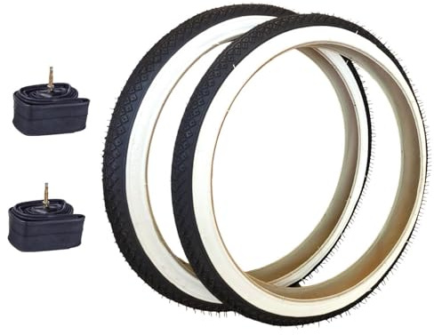 2 Copertoni 20” x 1.75 (47-406) + 2 Camere d’Aria per Bicicletta City Bike e Graziella – Pneumatici Strada Bianchi/Neri in Gomma con Fascia Bianca – Set Completo per Bici Passeggio
