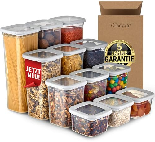 QOONA Luftdichte Vorratsdosen mit Deckel [12er-Set] Hellgrau - Stapelbar & platzsparend für die Küche, Vorratsgläser luftdicht, Mehl Aufbewahrung, Food Container, Vorratsbehälter, Aufbewahrungsbox