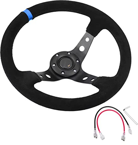 Volante universale da 35 cm 14 pollici a 6 bulloni Volante da corsa per auto con clacson Modifica auto Pelle scamosciata Telaio nero Volante sportivo alla deriva (Blue)