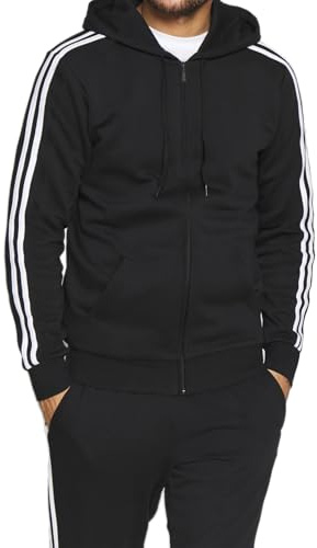 VEQUÈ Tuta da Ginnastica Uomo Invernale Felpa con Cappuccio e Pantaloni Strisce Bianche Completo Sportivo Palestra Corsa Jogging Caldo Cotone (IT, Testo, M, Regular, Regular, Nero)