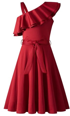 Arshiner Robe Fille Une Épaule Col Ruffle Robe de Fête Elégante sans Manches 11-12 Ans Rouge Foncé
